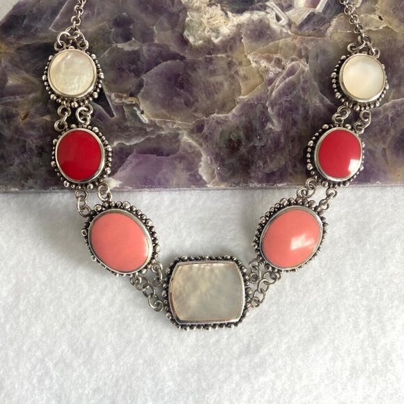 Sterling Silver 925 Chunky Mother Of Pearl Pink Red Rolo Chain Panel Necklace - Picture 2 of 16